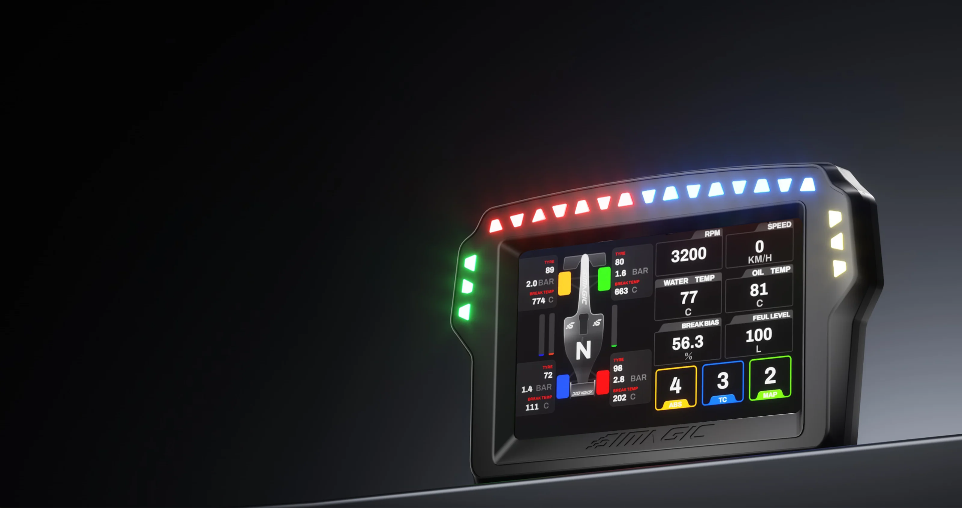 Live Telemetrie Display am Rennsimulator mit RPM-Anzeige, Reifentemperatur und Bremsbalance
