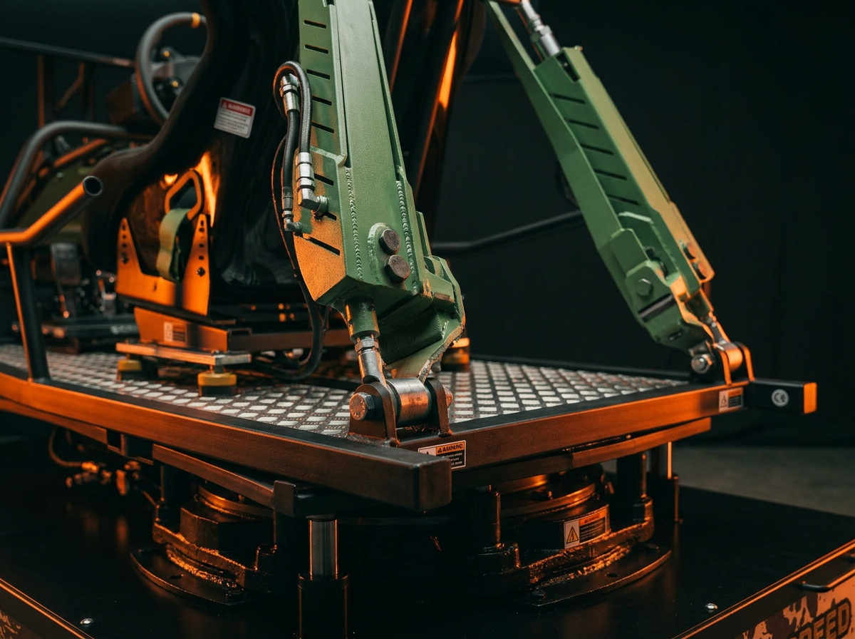 Hydraulisches Motion- und Drift-Modul am Heck des ActoRacer Full-Motion-Rennsimulators